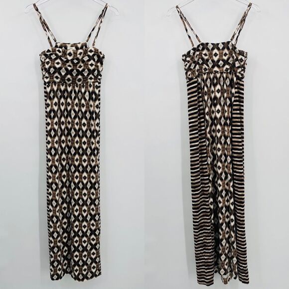Soma Size XS Brown & Cream Mixed Geometric Print Adjustable Strap Maxi Dress - Picture 1 of 7